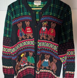 Vintage 1992 Susan bristol Teddy Bear Ugly Christmas Sweater Full Button Up Sz L